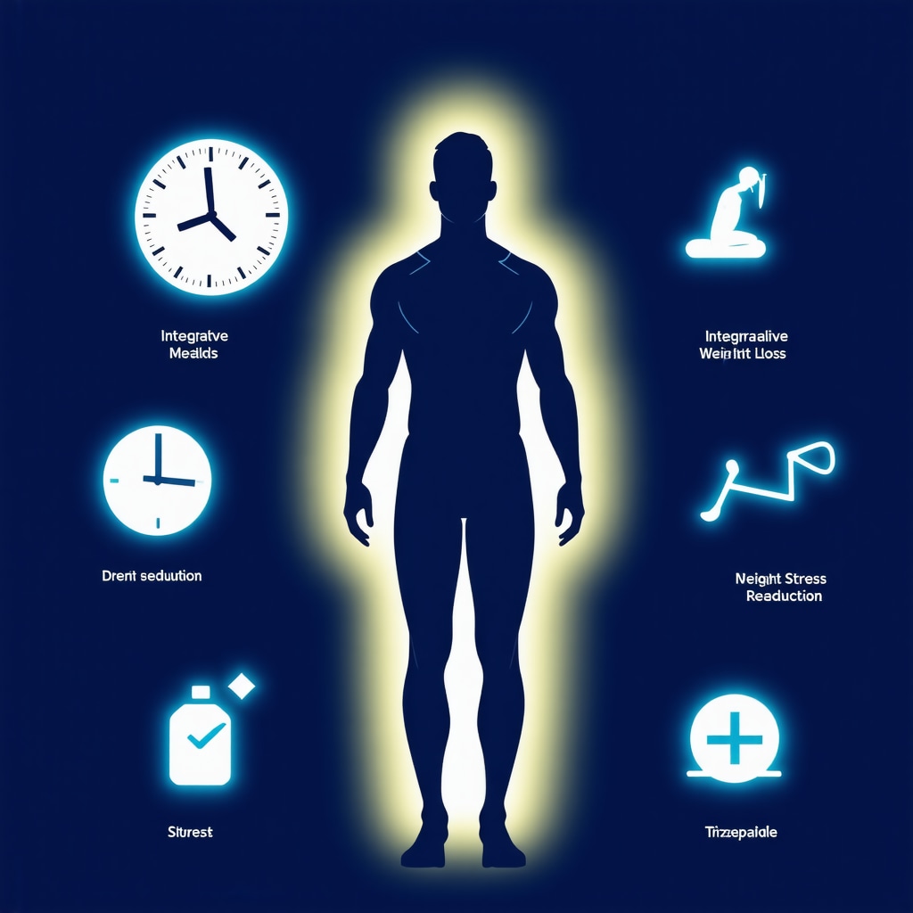 Human body silhouette with circadian clock and lifestyle icons for exercise, meal timing, and stress management enhancing tirzepatide weight loss