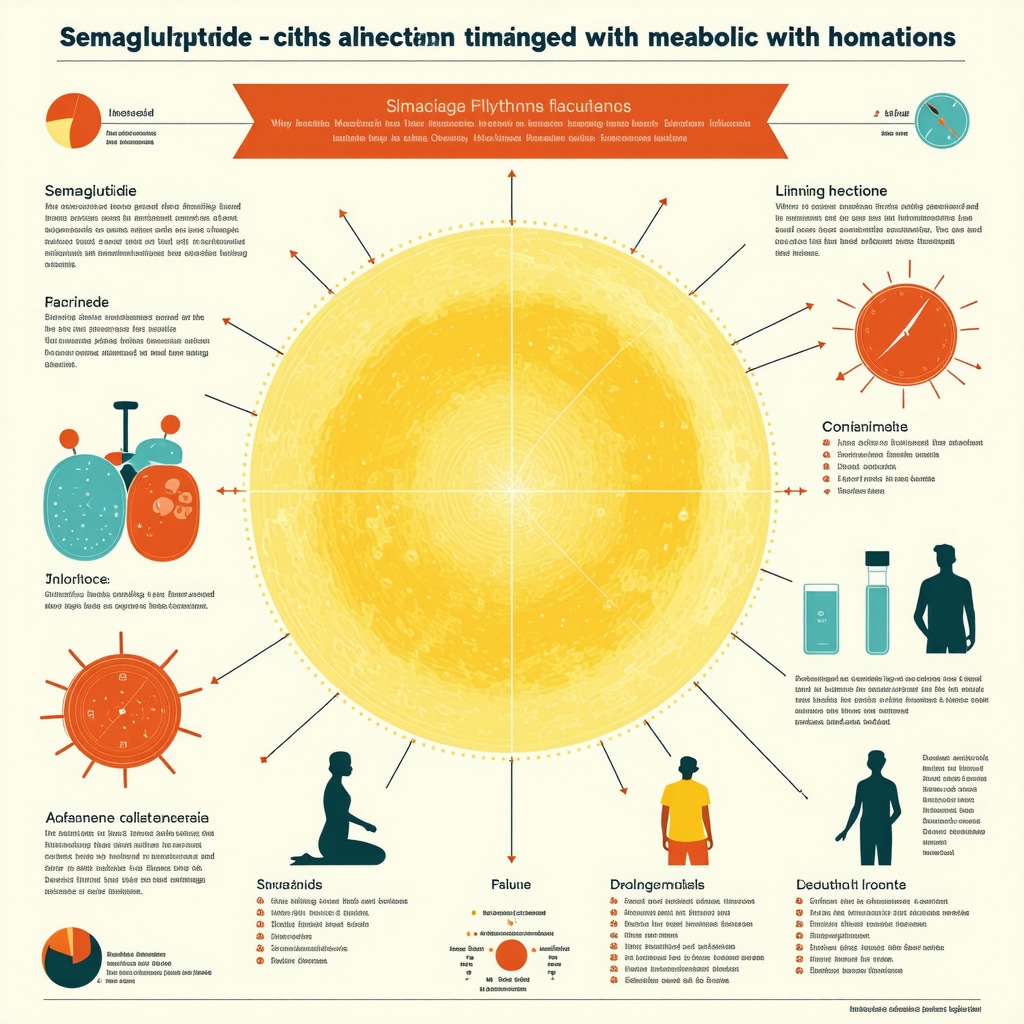 Infographic showing circadian biology, optimal semaglutide injection timing, and digital adherence tools in obesity management