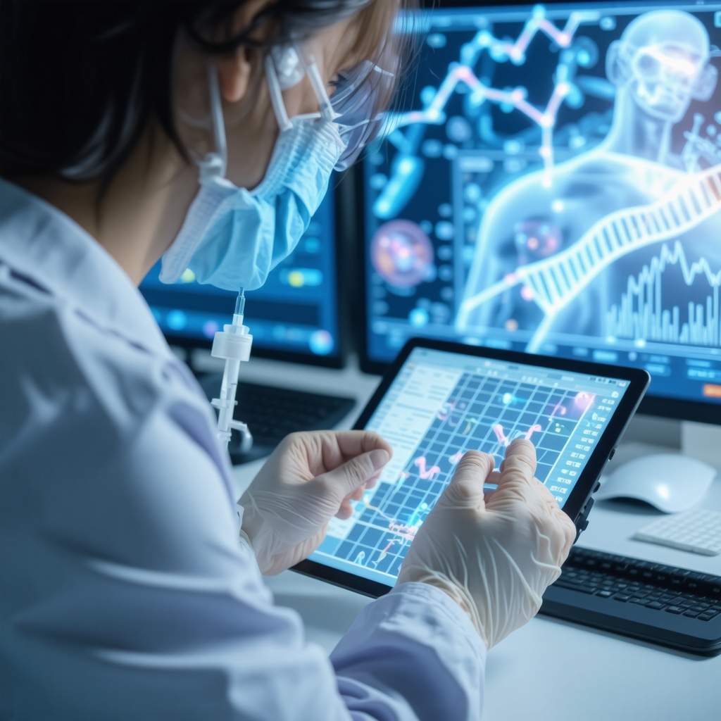 Medical professional using digital tools displaying genomic and microbiome data to optimize injectable weight loss therapy