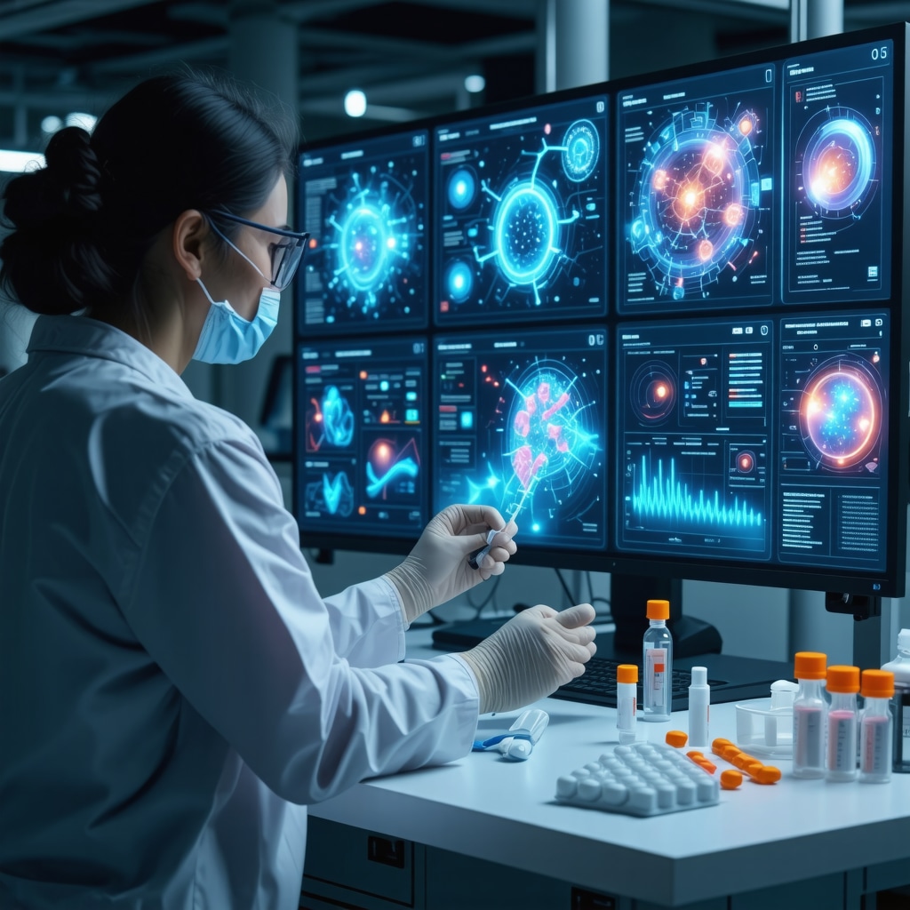 Healthcare professional reviewing genetic and behavioral analytics data alongside semaglutide injection tools in a modern clinical environment