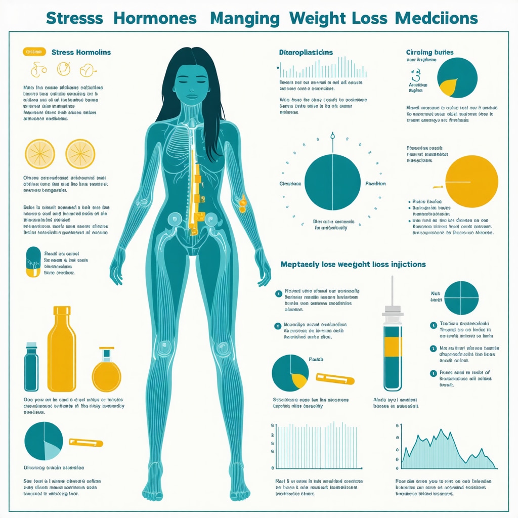 Infographic showing stress hormones, circadian rhythms, neuroplasticity, and personalized medicine in hunger management during injectable weight loss therapy