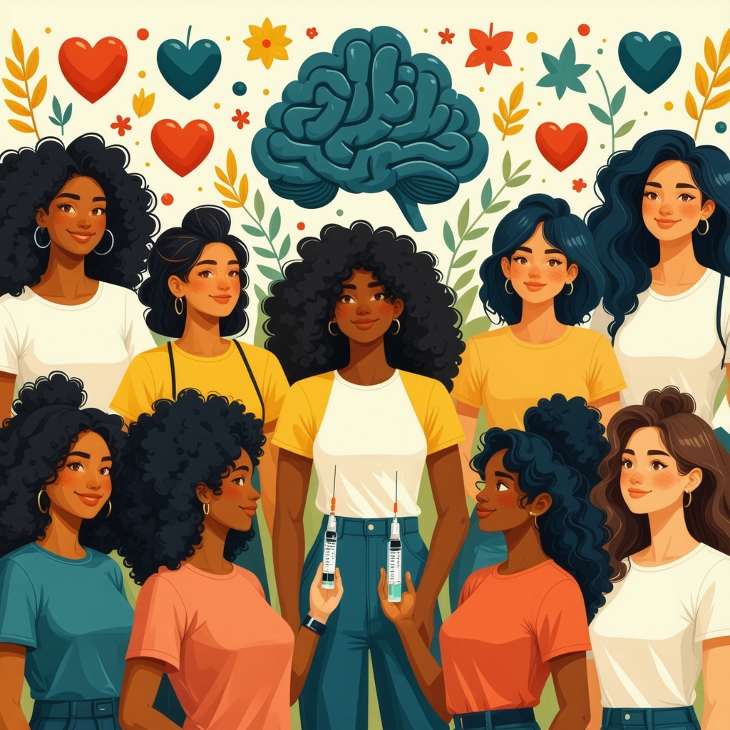 Diverse people confidently injecting medication with symbols representing psychological and community support