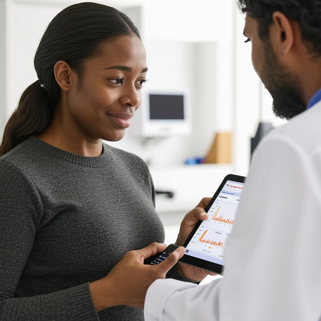 Patient with continuous glucose monitor and clinician reviewing advanced blood biomarker data on tablet