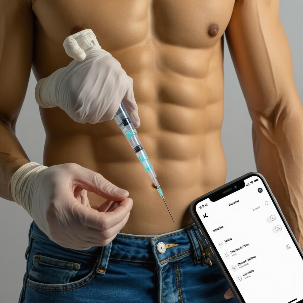 Healthcare professional showing injection site rotation with medical tools and digital app for weight loss injections
