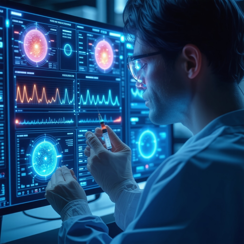 Futuristic dashboard showing biosensor and AI data for semaglutide injection site inflammation monitoring
