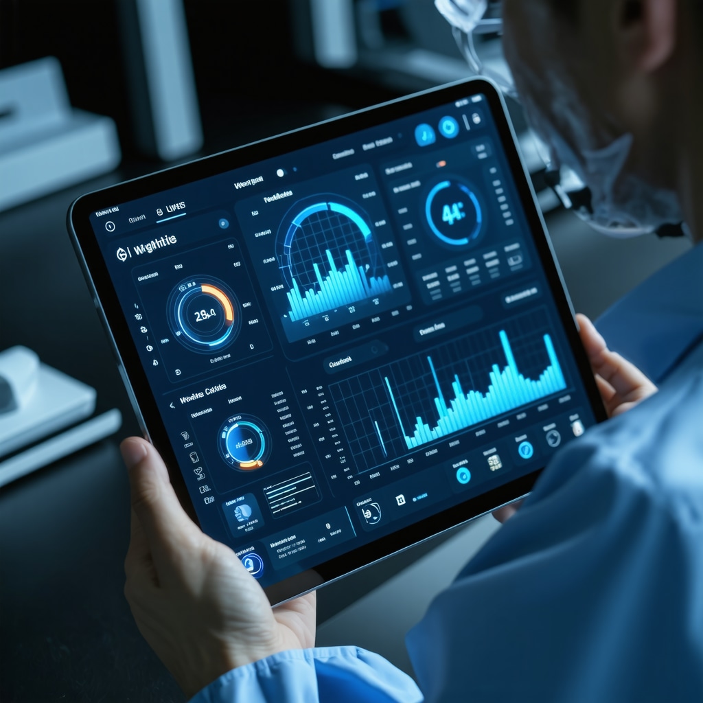 Healthcare professional using a tablet showing AI-driven weight loss analytics and wearable device data in clinical setting