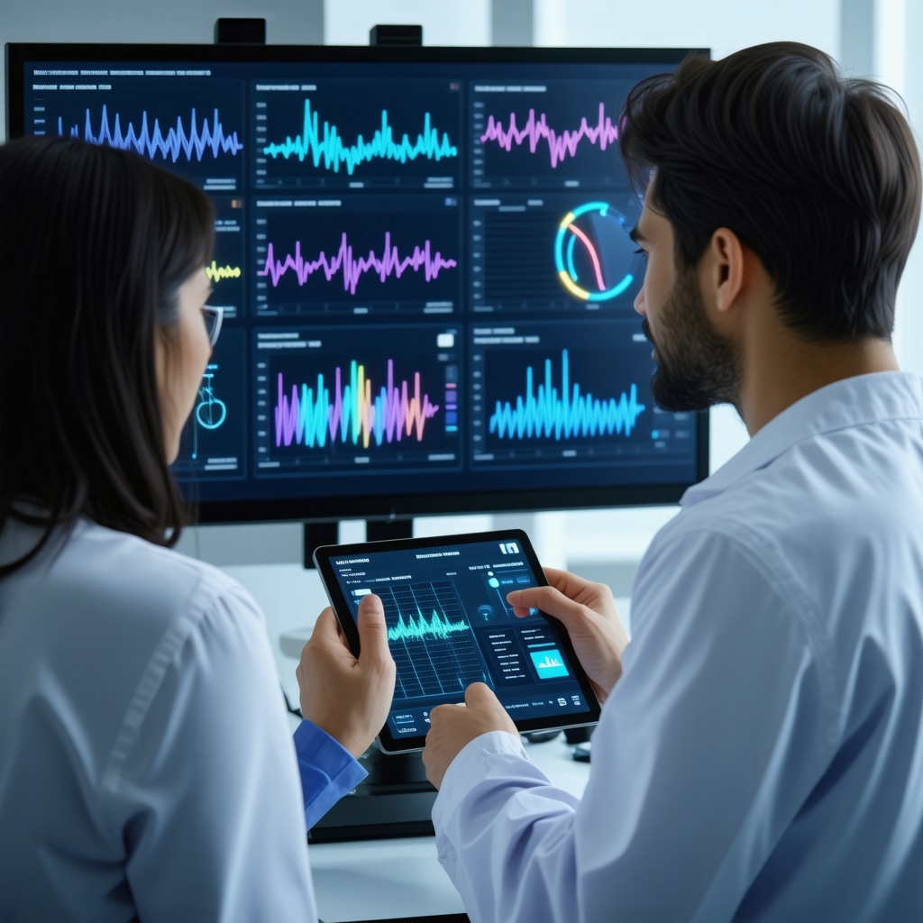 Futuristic digital dashboard showing stress, inflammation markers, and injectable therapy data in clinical use