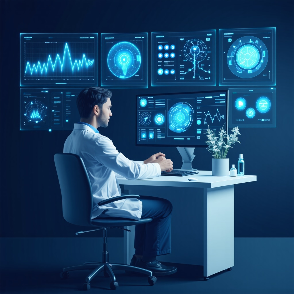Illustration of physician using AI and telemedicine to monitor injectable weight loss patient with genetic and biometric data visuals