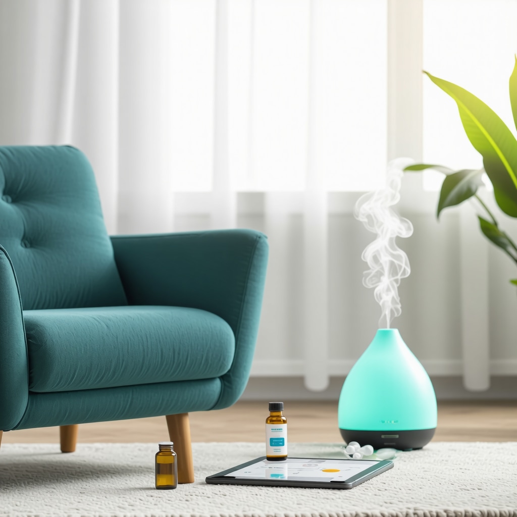 A calm, organized injection area with ergonomic chair, soft lighting, essential oil diffuser, and tablet showing health app