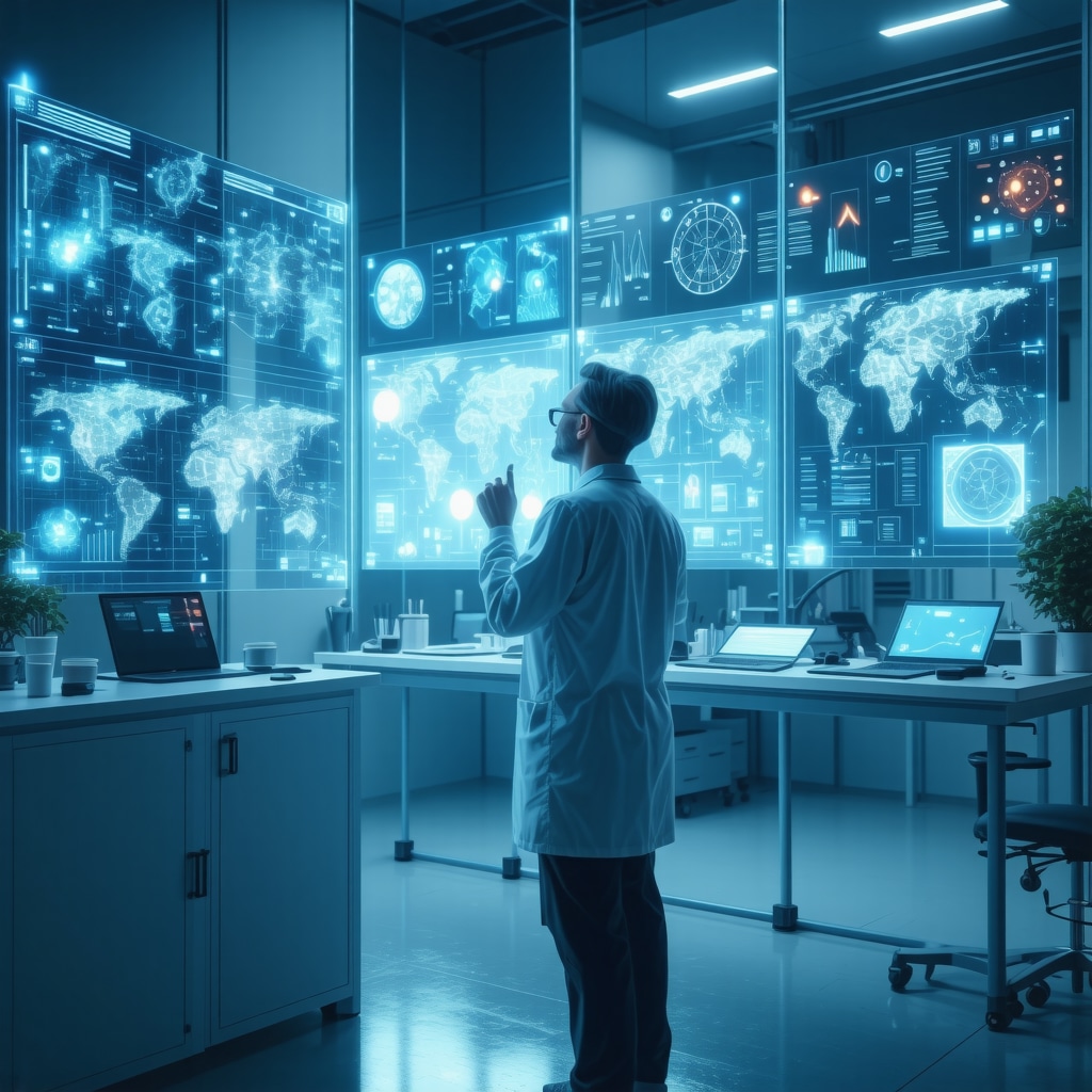Healthcare professional examining multi-omics and AI analytics on digital interfaces for personalized weight loss monitoring
