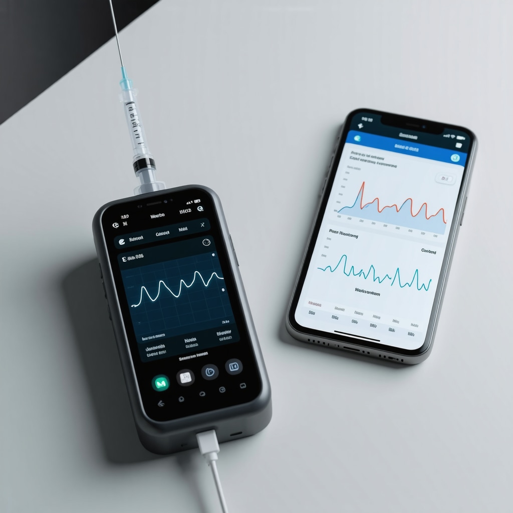 Smart injection device displaying real-time metrics connected to smartphone app for patient monitoring