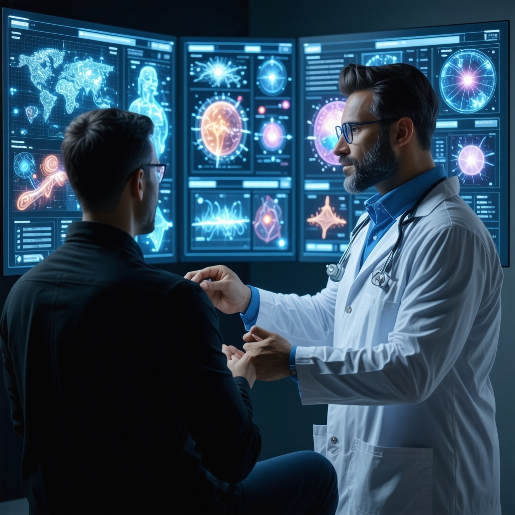 Doctor and patient reviewing holographic displays of genomic, AI, and microbiome data for personalized weight loss treatment