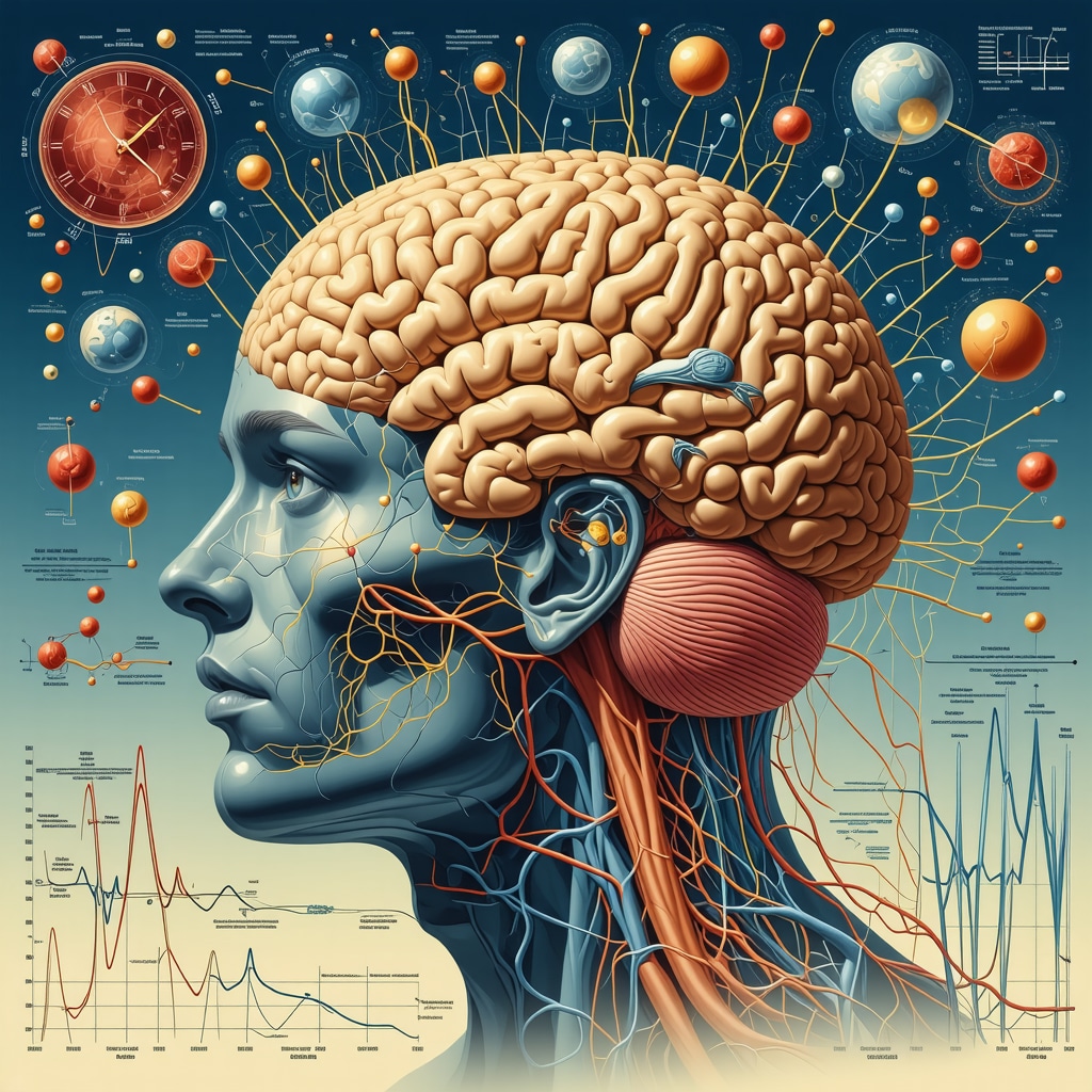 Illustration showing GLP-1 receptor pathways interacting with circadian molecular clocks and neuroplastic brain regions involved in appetite regulation