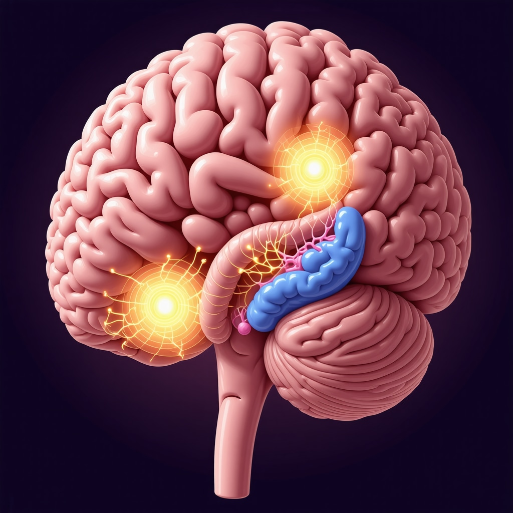 Illustration of tirzepatide influencing gut-brain axis highlighting GLP-1 and GIP receptors and brain appetite centers