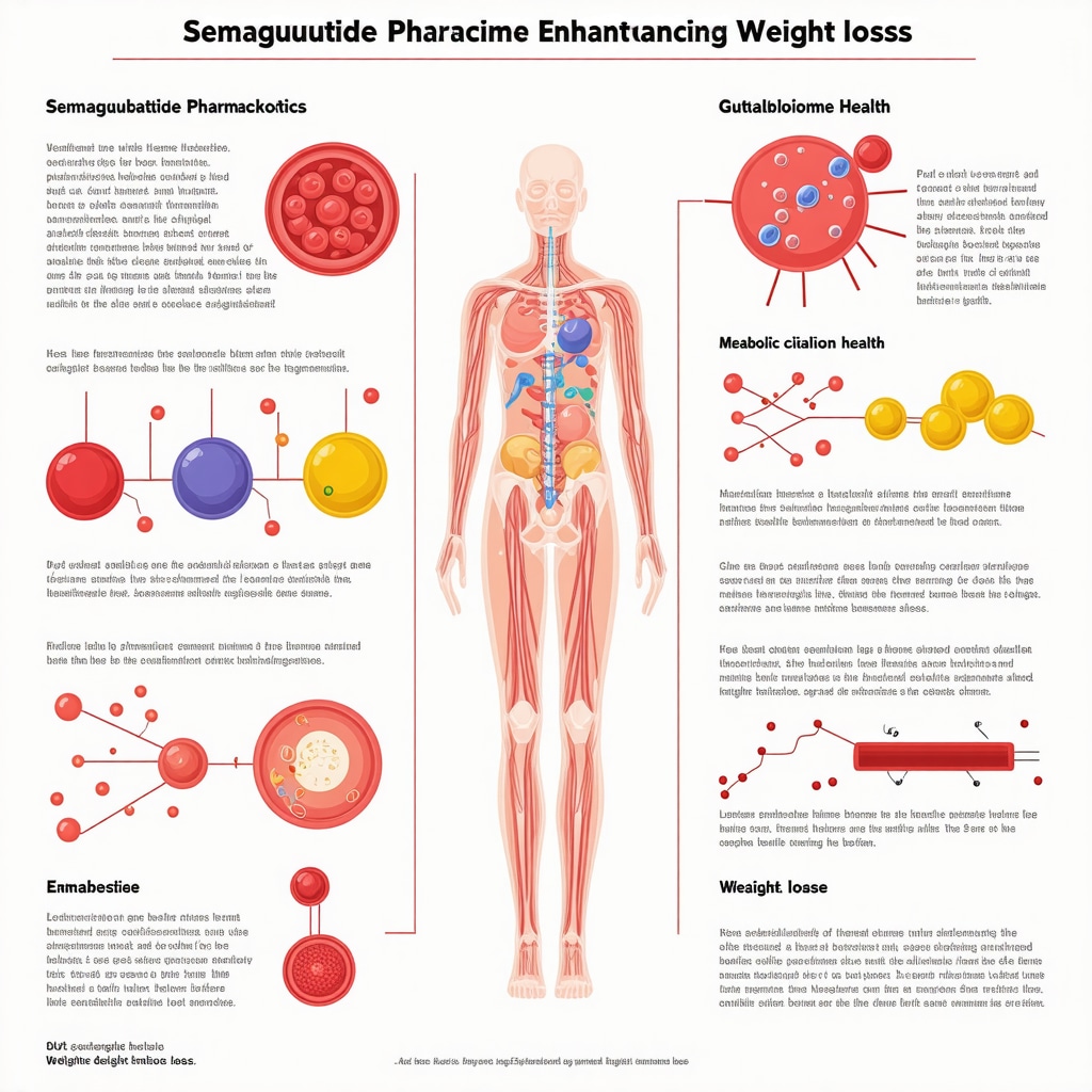 Infographic showing how hydration influences drug pharmacokinetics, gut microbiota, and metabolism during Ozempic therapy