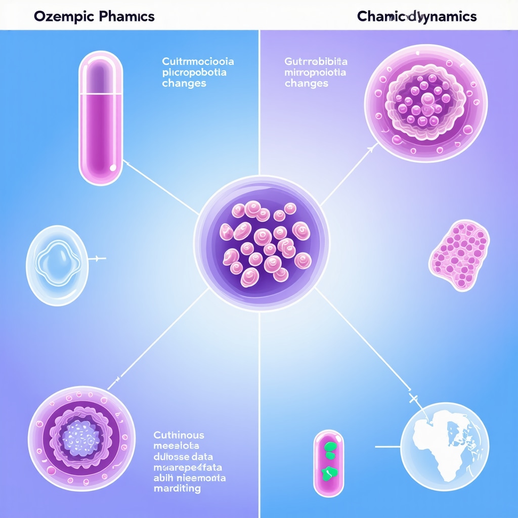 Diagram depicting Ozempic effects on gut microbiota and CGM-based personalized dosing strategies