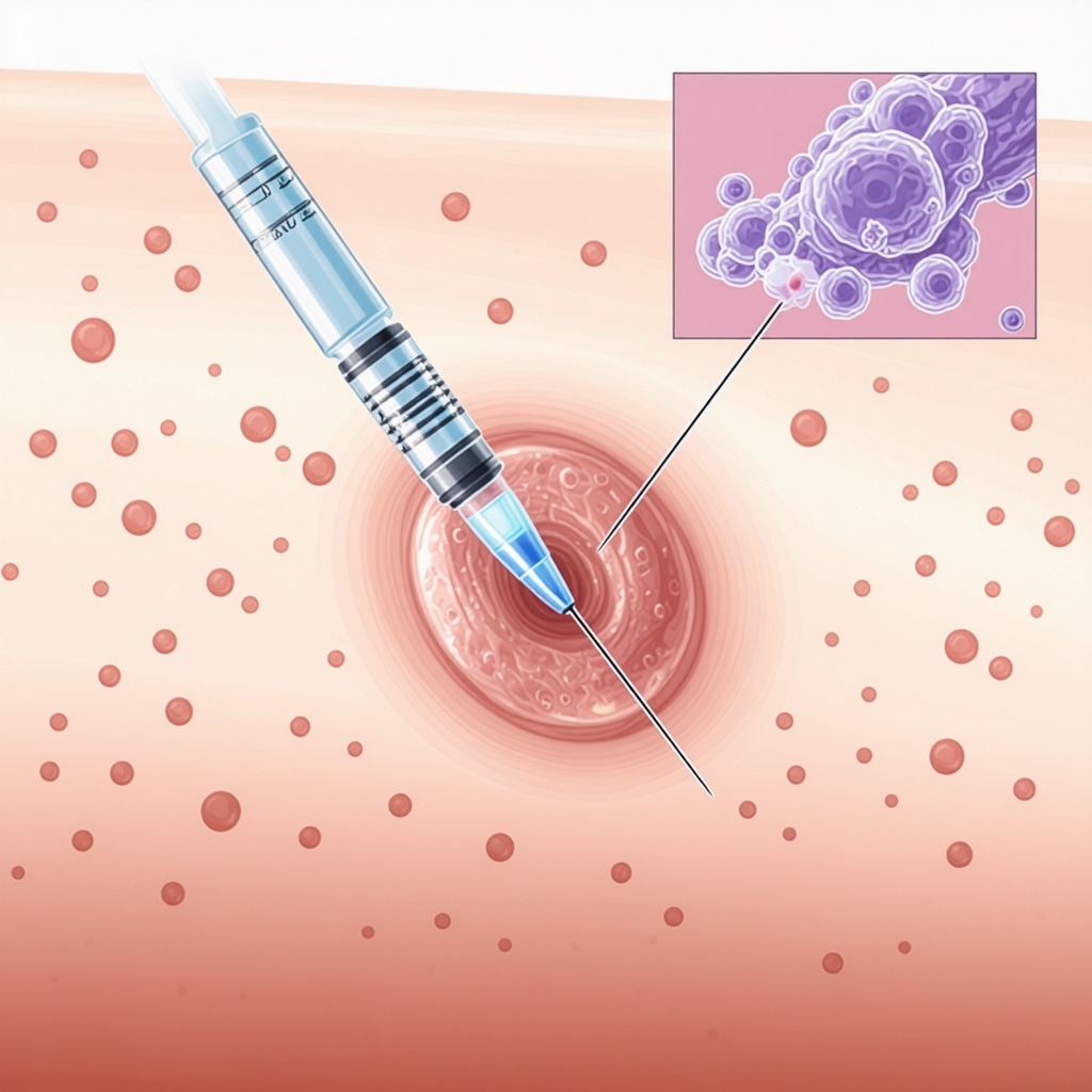 Close-up illustration of skin with immune cell infiltration and inflammation at semaglutide injection site
