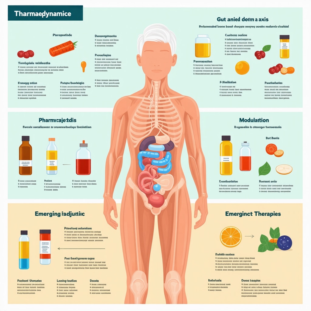 Infographic showing tirzepatide’s pharmacological effects, gut-brain axis interactions, and advanced dosing approaches