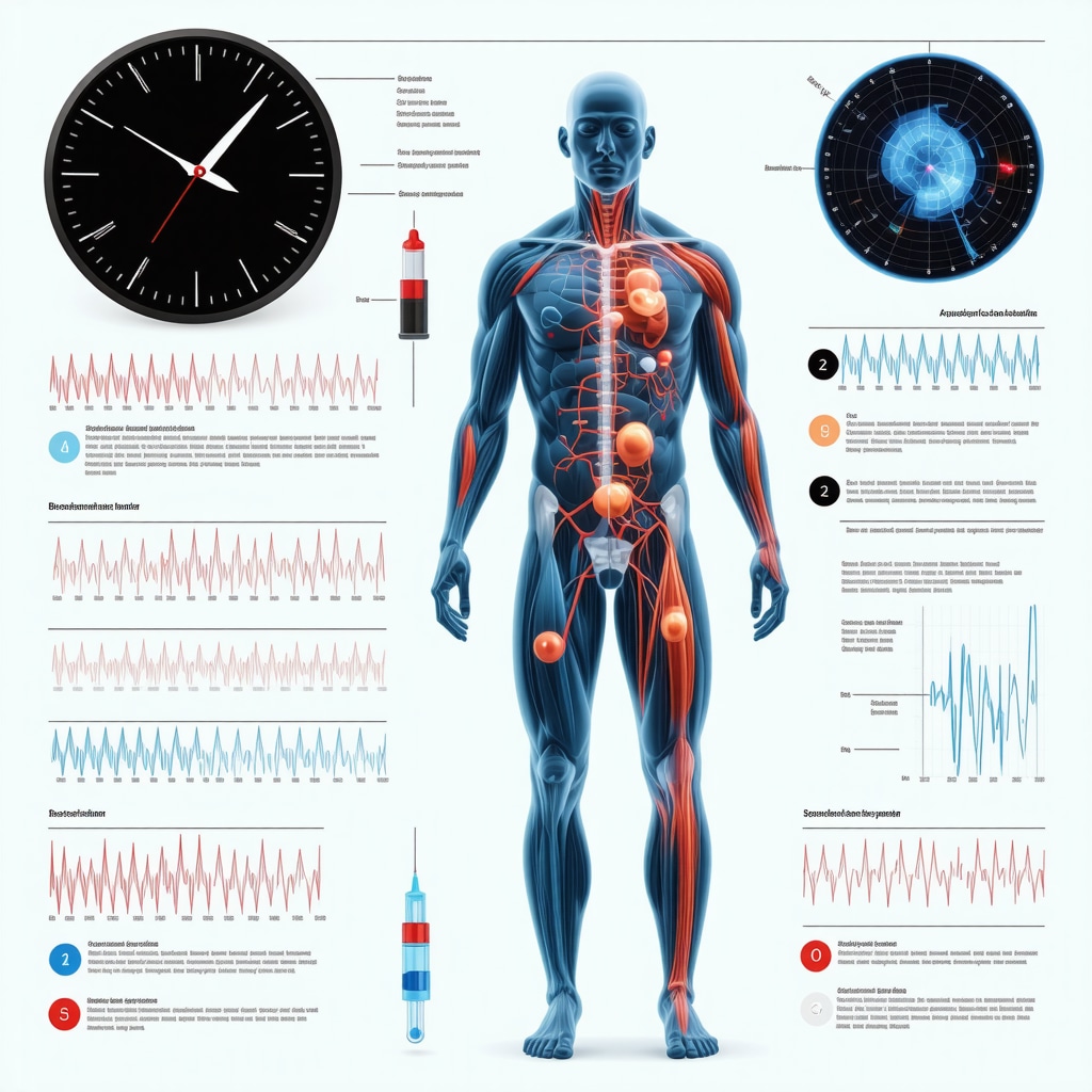 Diagram showing body injection sites with blood flow and circadian timing for weight loss injections