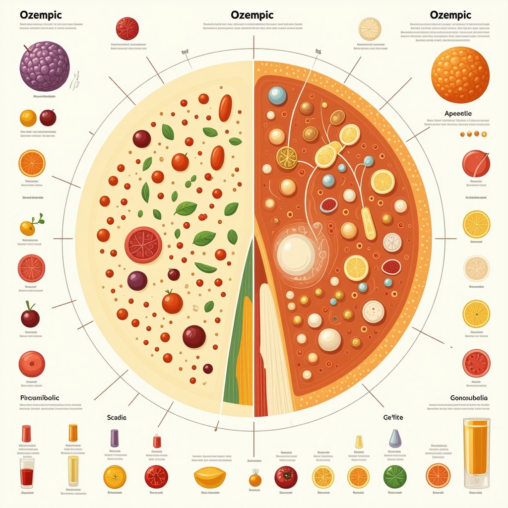 Diagram showing Ozempic’s synergistic effects with gut microbiome modulation, pharmacogenomics, chrono-nutrition, and AI tools for optimized appetite control
