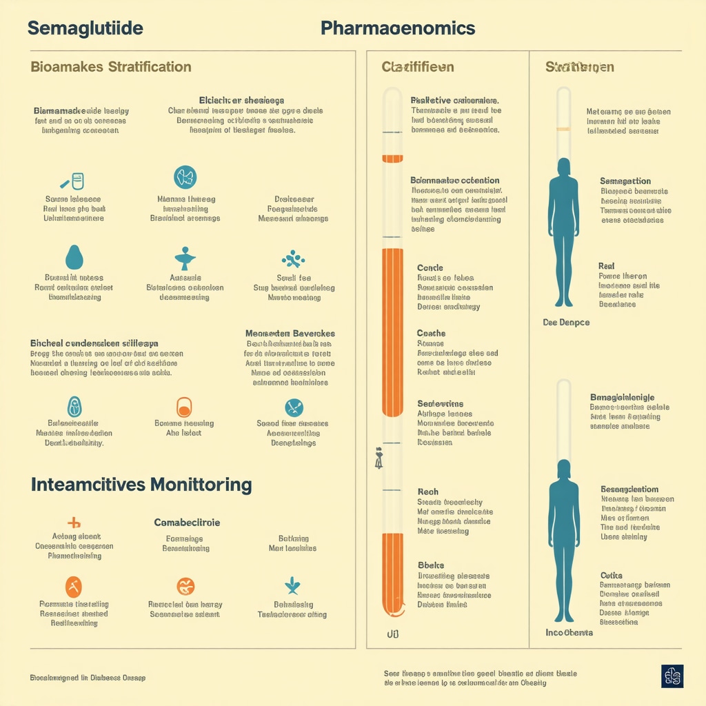 Diagram showing pharmacogenomic factors, biomarkers, and clinical monitoring for semaglutide safety