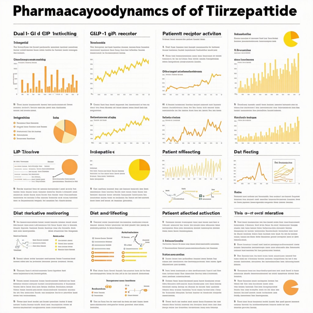 Detailed infographic showing tirzepatide's dual receptor action, patient monitoring data, and lifestyle integration