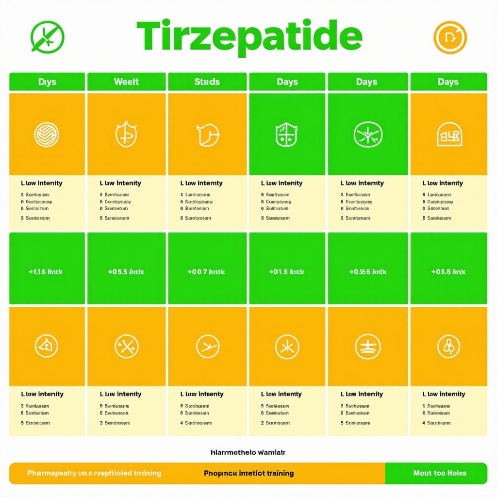 Infographic depicting tirzepatide blood levels and corresponding periodized training and nutrition schedule