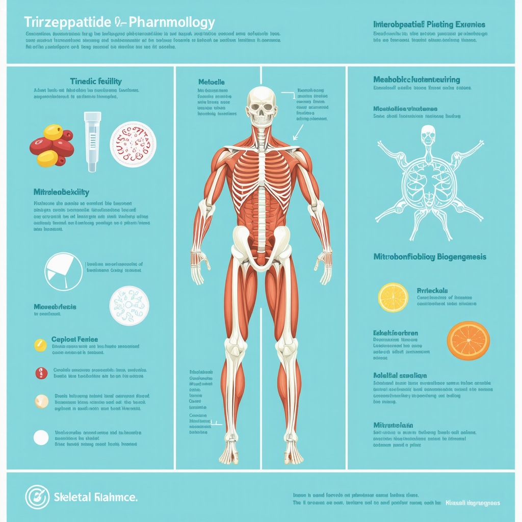 Detailed infographic showing tirzepatide pharmacology, metabolic flexibility, exercise types, and mitochondrial biogenesis