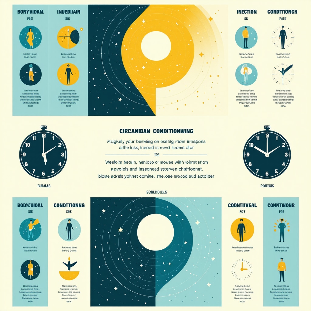 Illustration showing circadian rhythm cycles alongside weekly injection timing and behavioral conditioning for optimized weight loss results