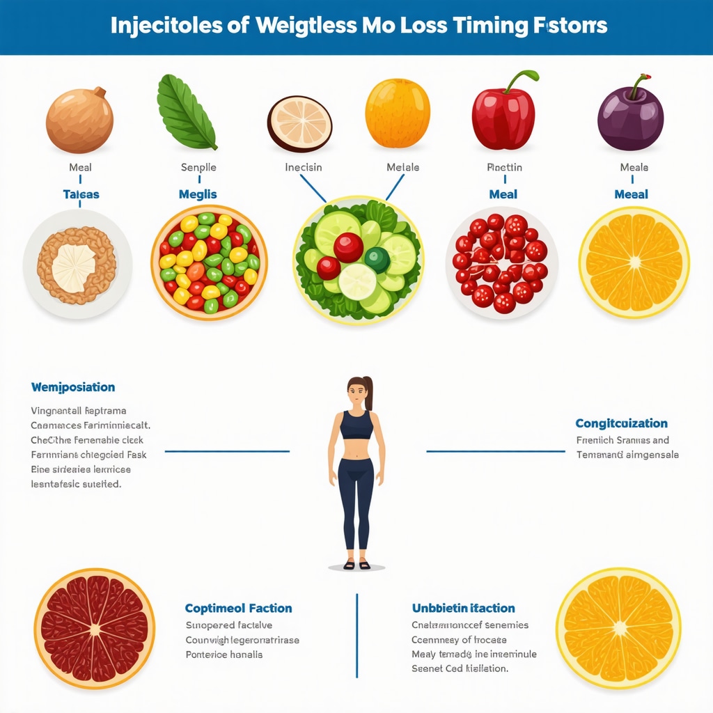 Infographic showing optimal injection timing linked with meal composition and genetic factors for injectable weight loss therapy