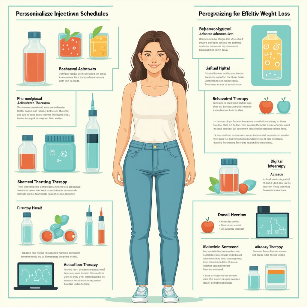 Infographic depicting personalized pharmacotherapy, behavioral science techniques, and digital tools in weight loss management