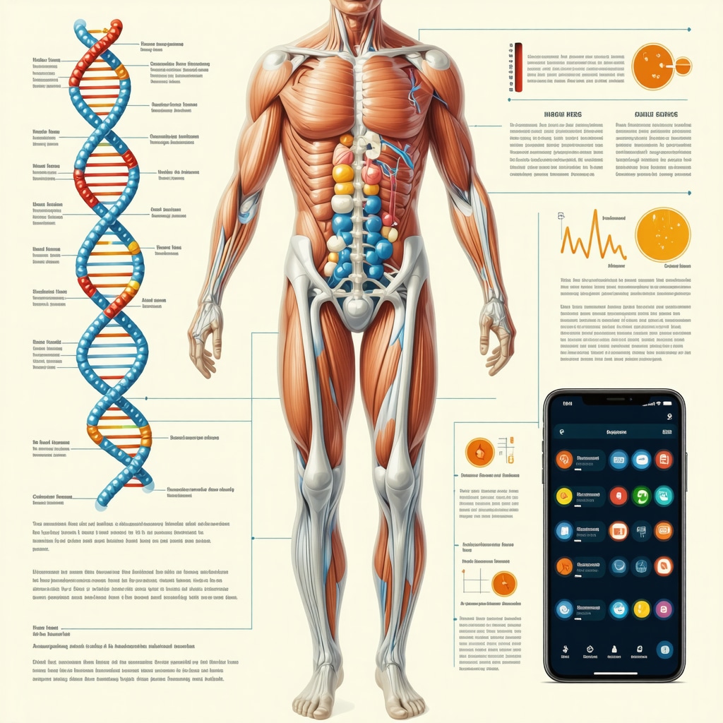 Diagram of body injection sites for tirzepatide, DNA strand representing pharmacogenomics, and a smartphone with health tracking apps