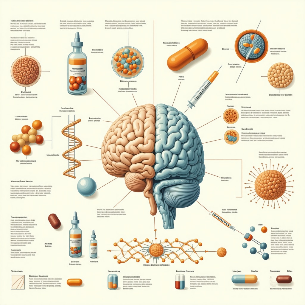 Medical infographic showing brain pathways, DNA, and injectable therapies connected with digital health tools for emotional eating treatment