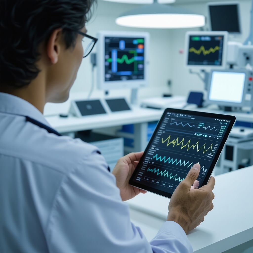 Clinician analyzing pharmacogenomic data with wearable metabolic monitoring device in advanced obesity treatment