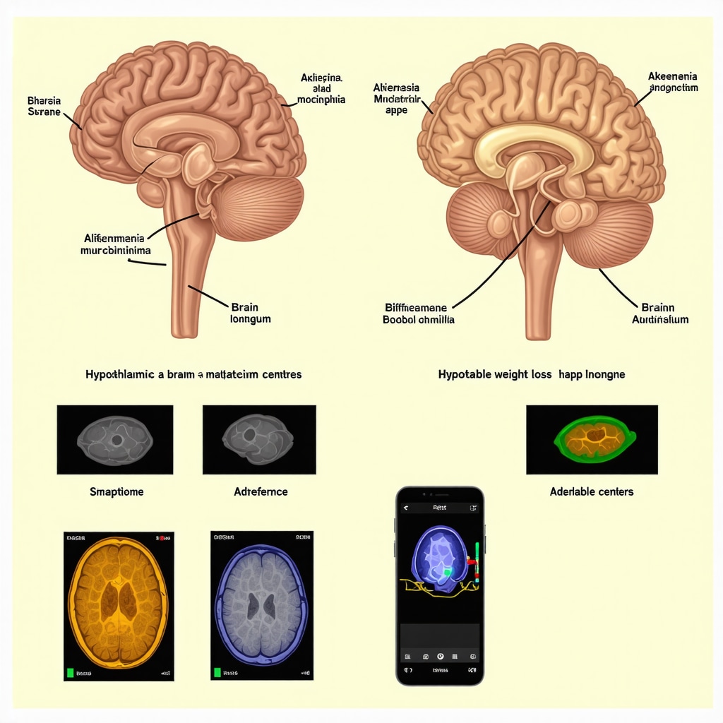 Infographic showing gut microbiome, brain appetite regulation areas on neuroimaging, and digital app for weight loss injection tracking