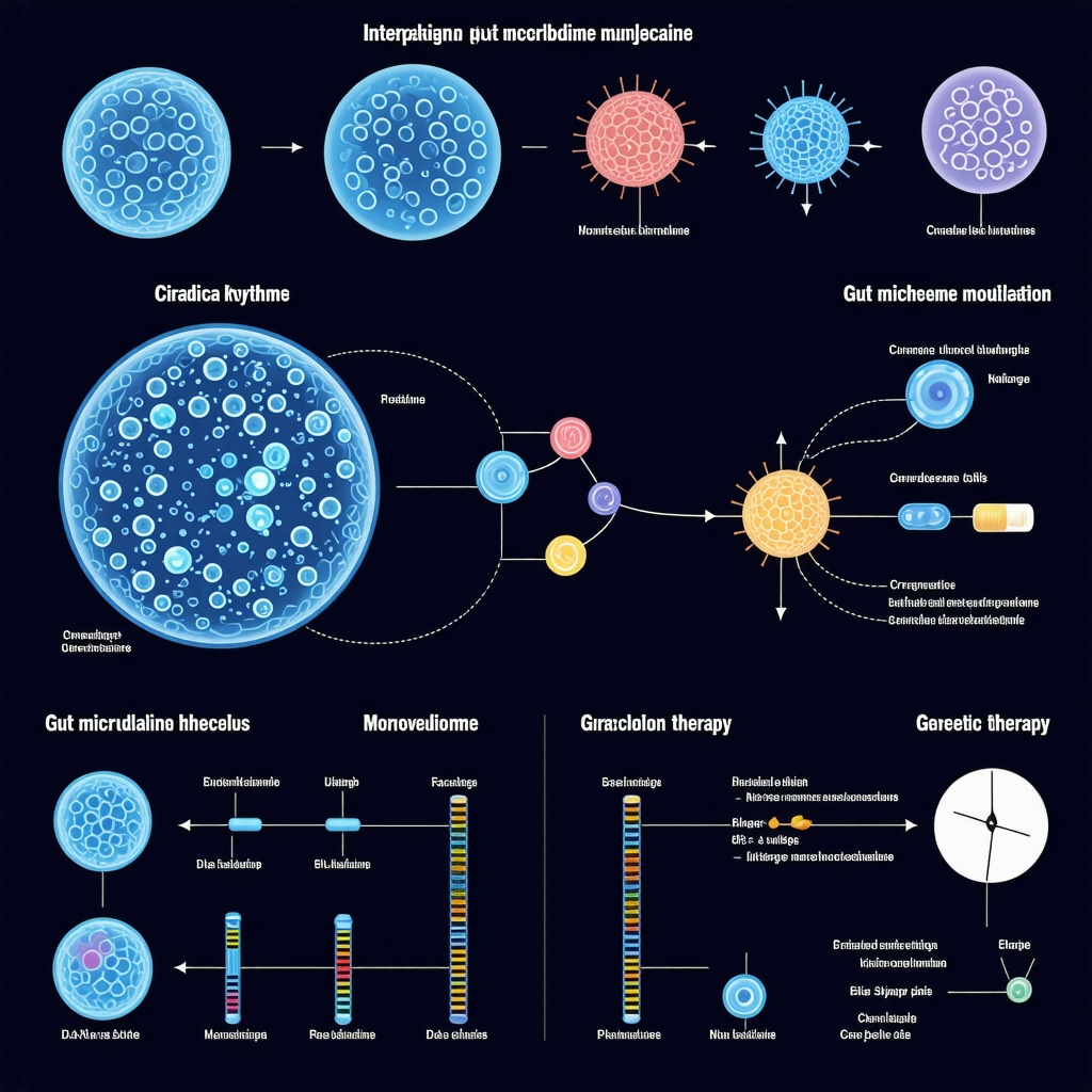 Infographic showing circadian rhythms, gut microbiome, and genetic markers influencing injectable weight loss therapy