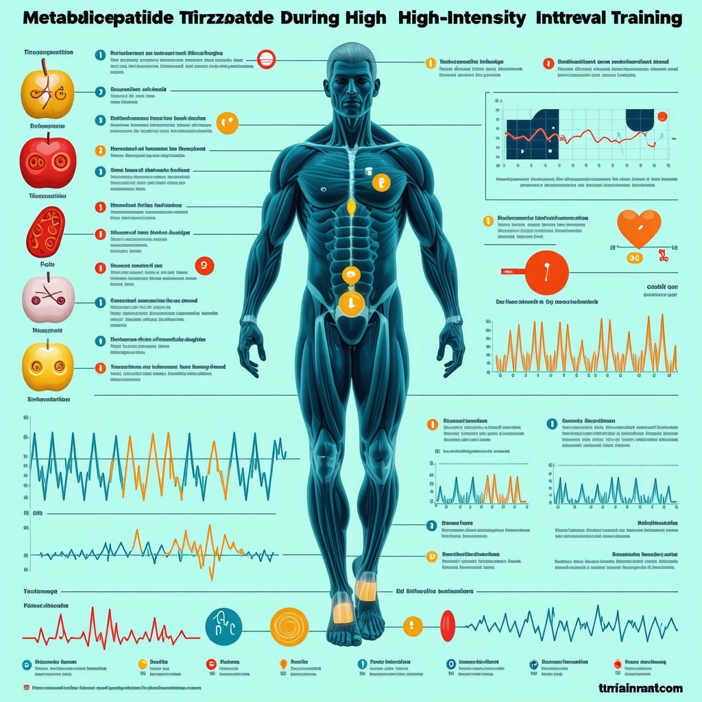 Infographic showing tirzepatide effects on metabolism during HIIT and wearable device data
