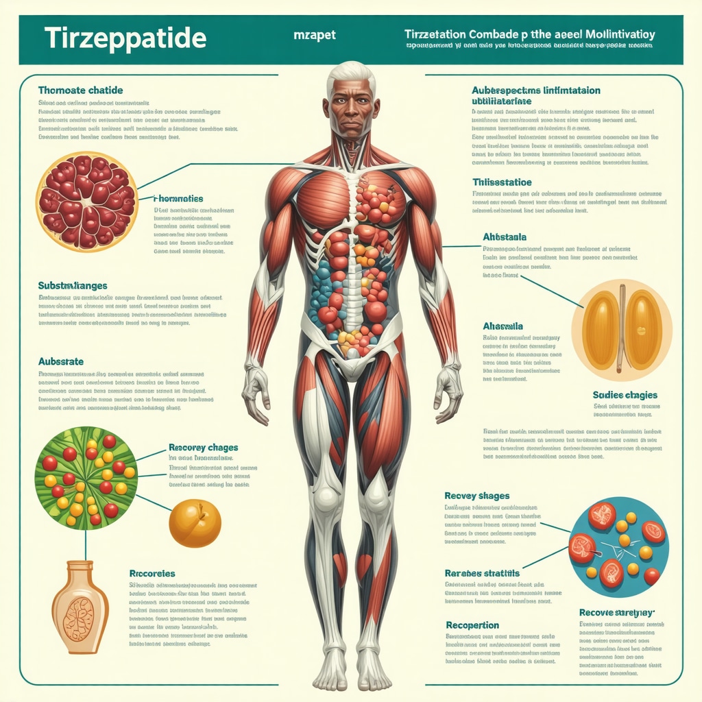 Infographic showing hormonal and metabolic adaptations during tirzepatide use combined with exercise