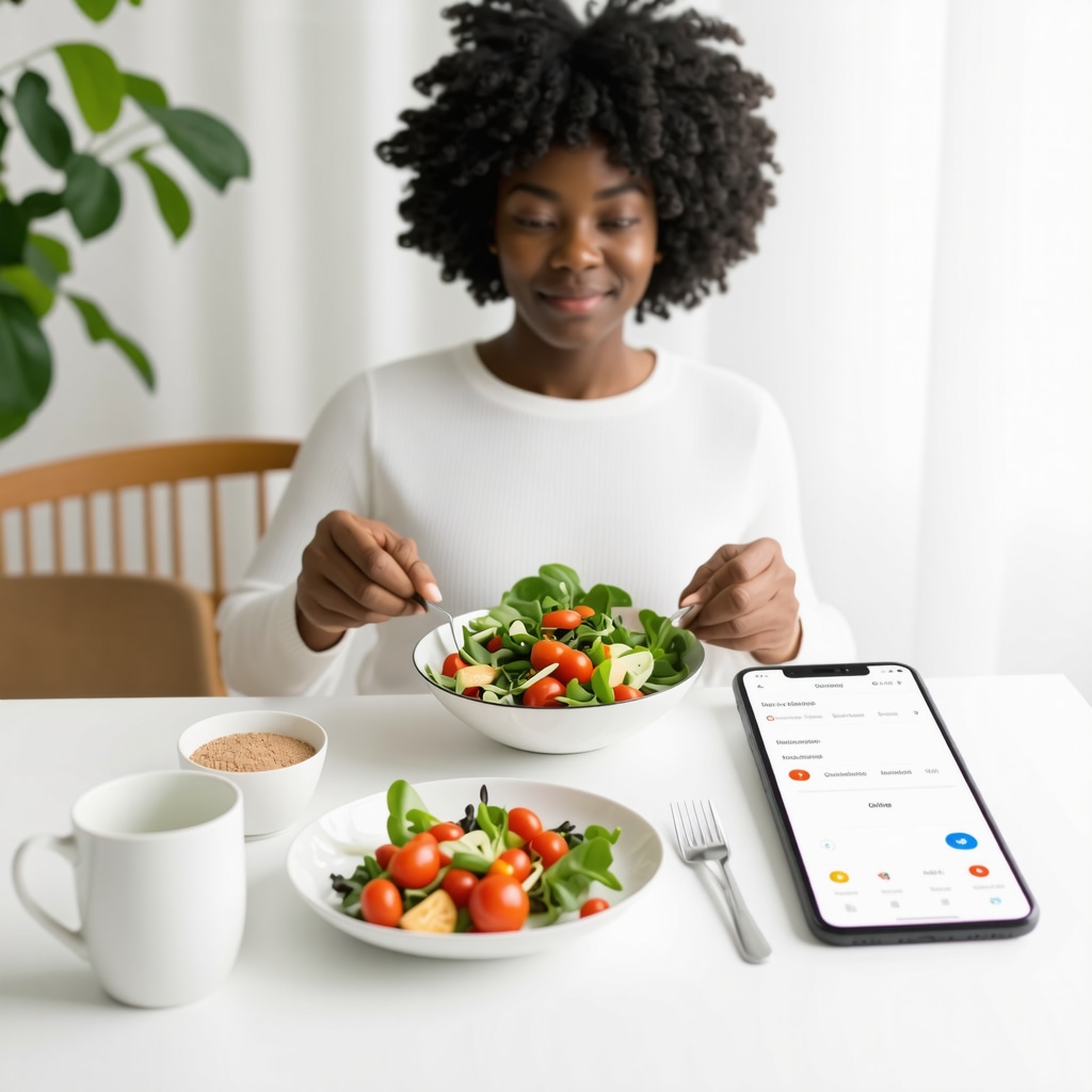 Person eating mindfully at a table with smartphone displaying a weight loss app and mindfulness reminders