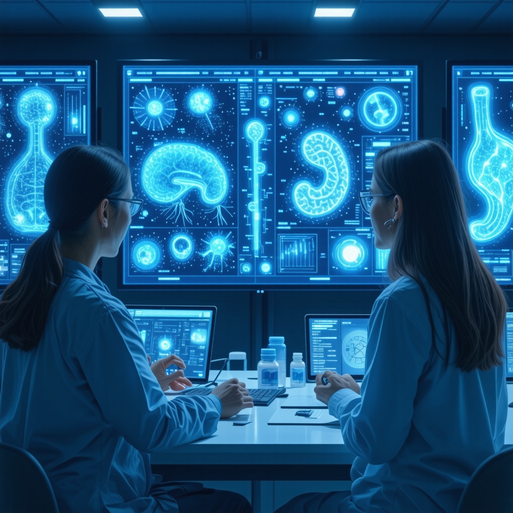 Medical professionals reviewing biomarker charts and AI predictive models for semaglutide gastrointestinal side effect optimization