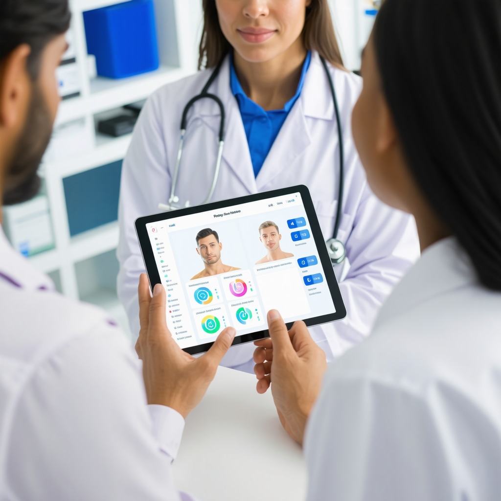 Healthcare professionals and patient discussing injectable weight loss treatment using tablet technology