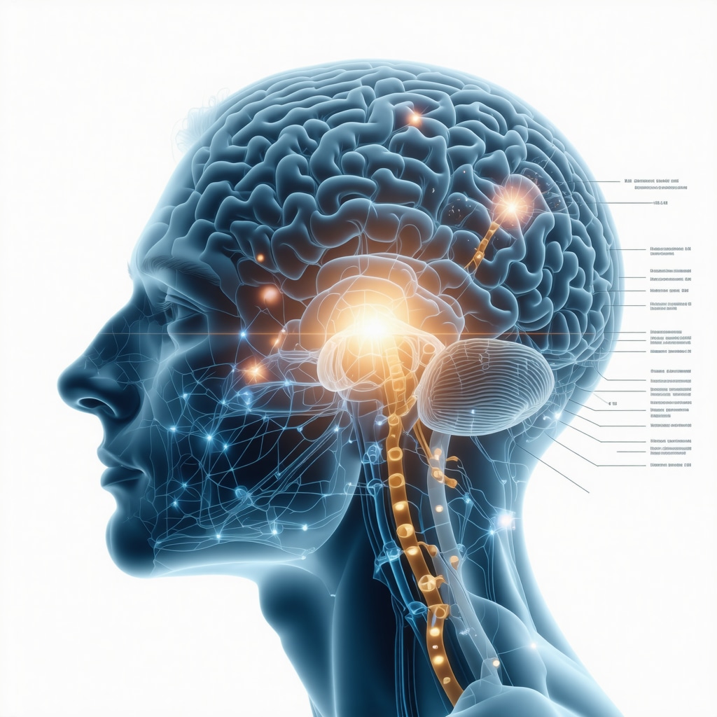 Illustration of nanotechnology implant delivering GLP-1 agonists with brain neurocircuitry highlights
