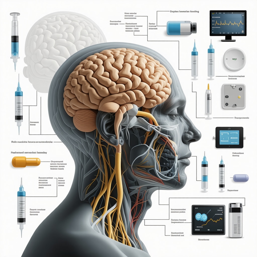Illustration of brain regions and autonomic nervous system involved in injection anxiety, patient using breathing techniques and digital monitoring with advanced injection devices