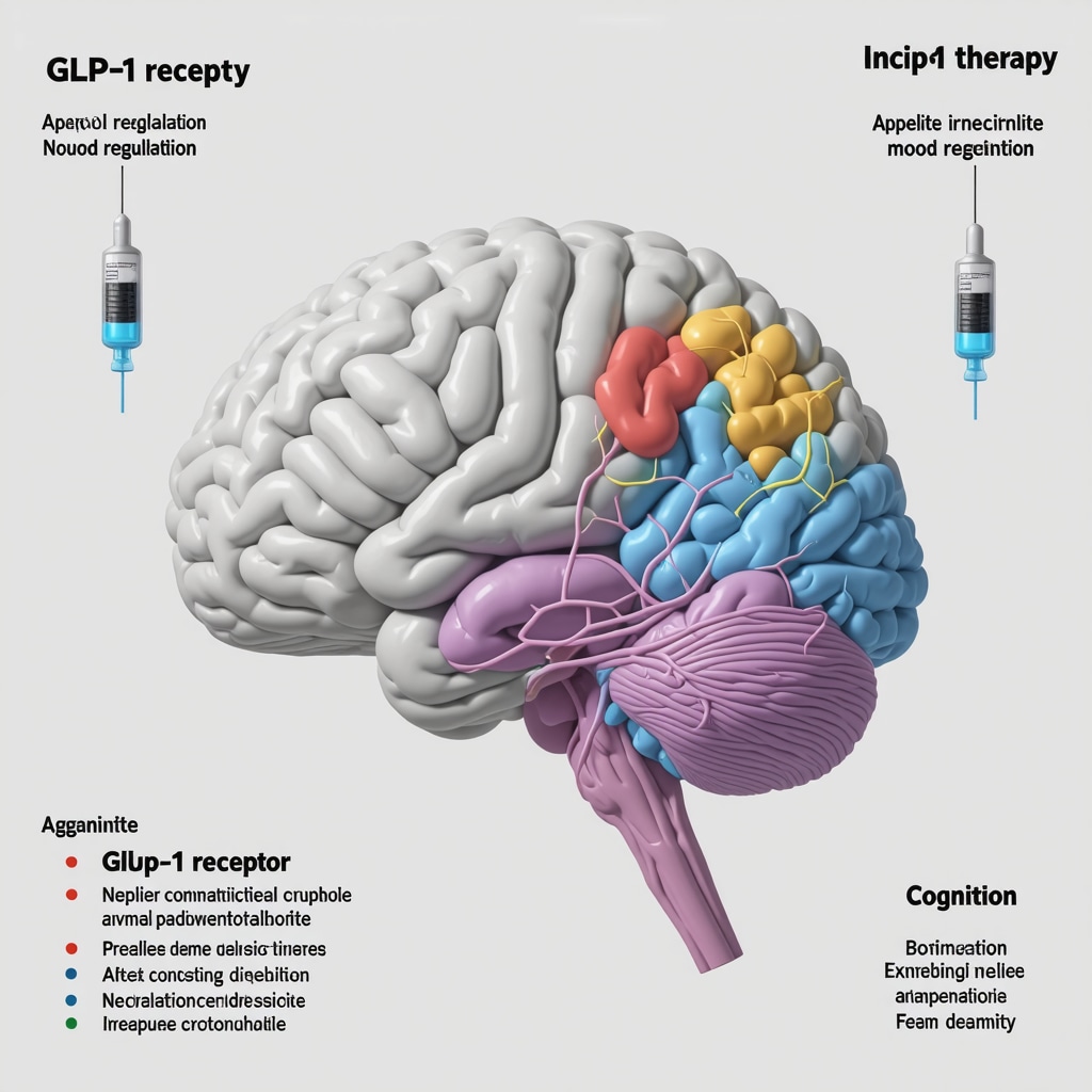 Medical illustration of brain areas modulated by GLP-1 receptor agonists with injection therapy elements
