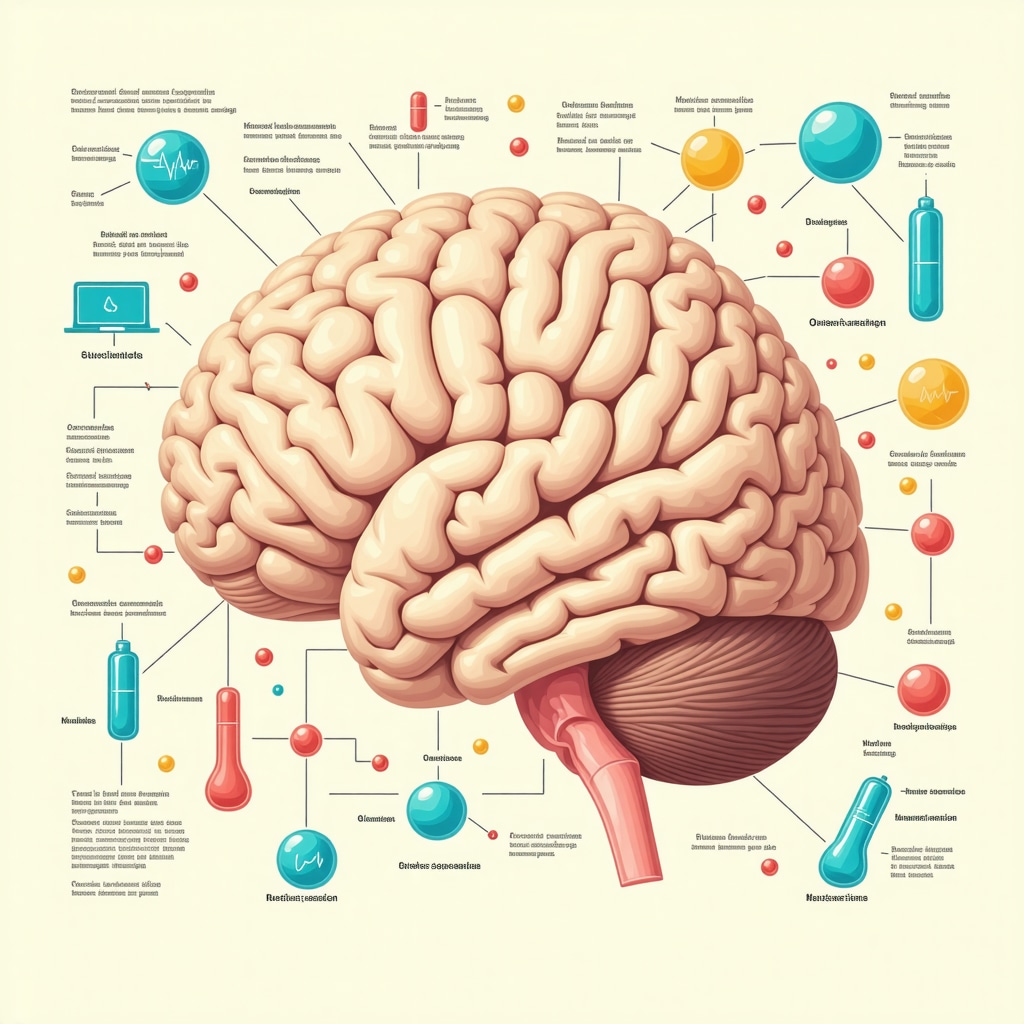 Diagram showing brain dopamine and serotonin pathways with digital health symbols related to craving control