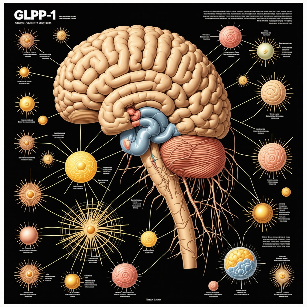 Infographic showing brain regions and neurotransmitters affected by GLP-1 receptor agonists controlling appetite and cravings