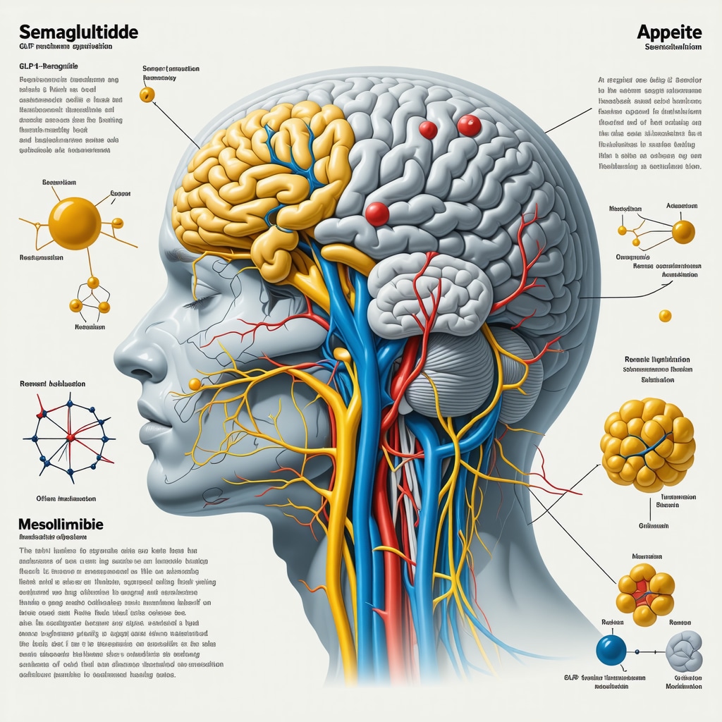 Infographic showing GLP-1 receptor activation and neural circuits involved in appetite suppression by semaglutide