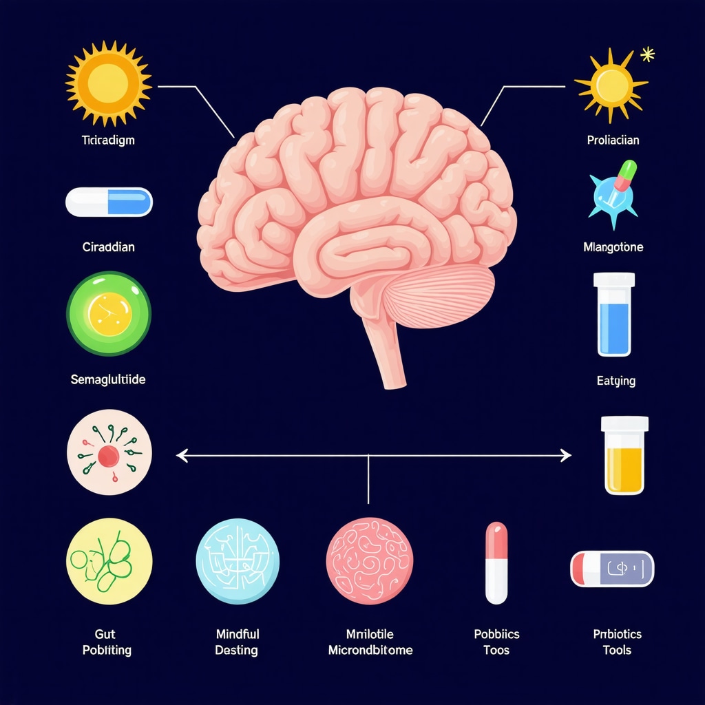 Infographic showing brain-gut axis, circadian timing of semaglutide, and microbiome modulation strategies to reduce side effects