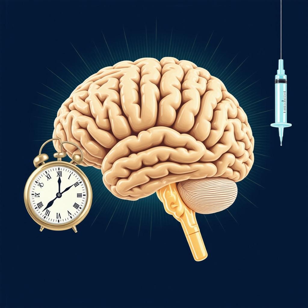 Diagram illustrating neuroendocrine brain regions and circadian clock aligned with Wegovy injection timing