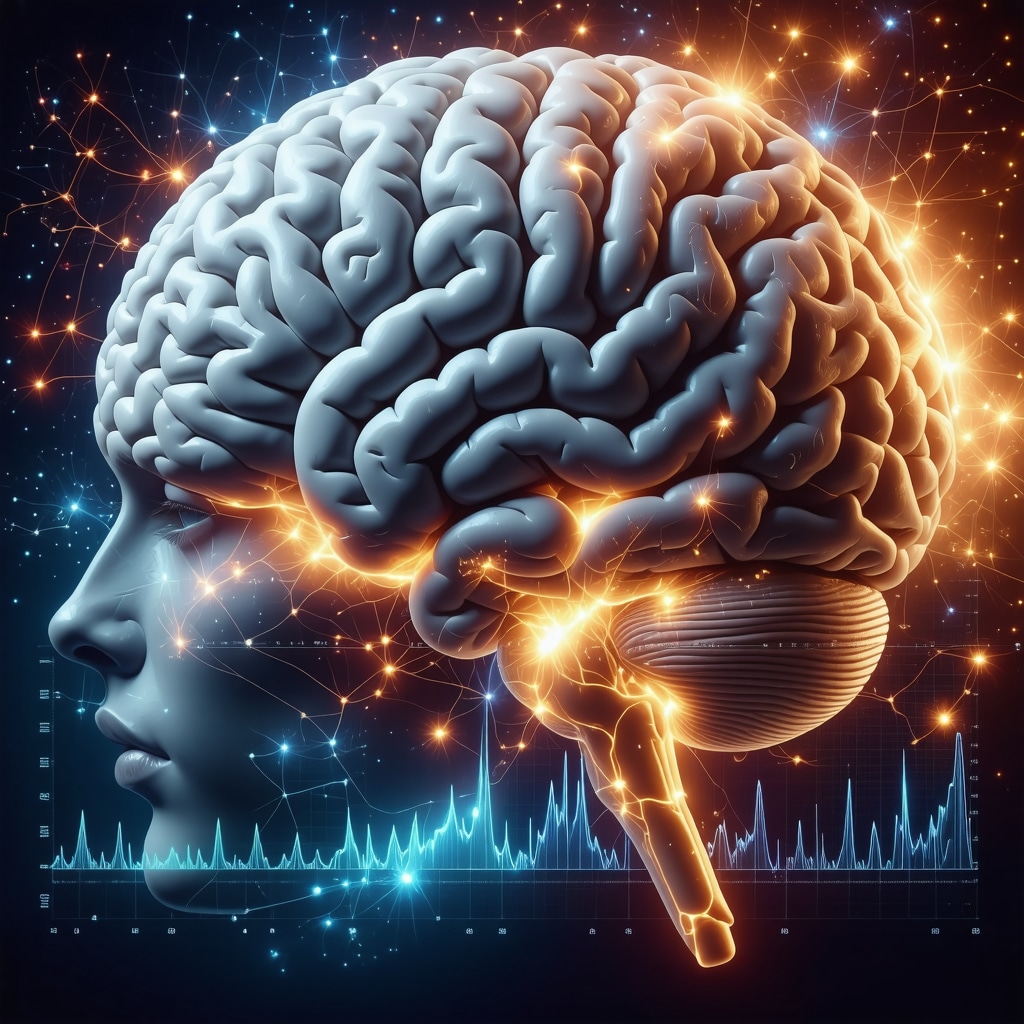 Illustration of brain regions activated by GLP-1 with circadian rhythm and AI analytics overlays